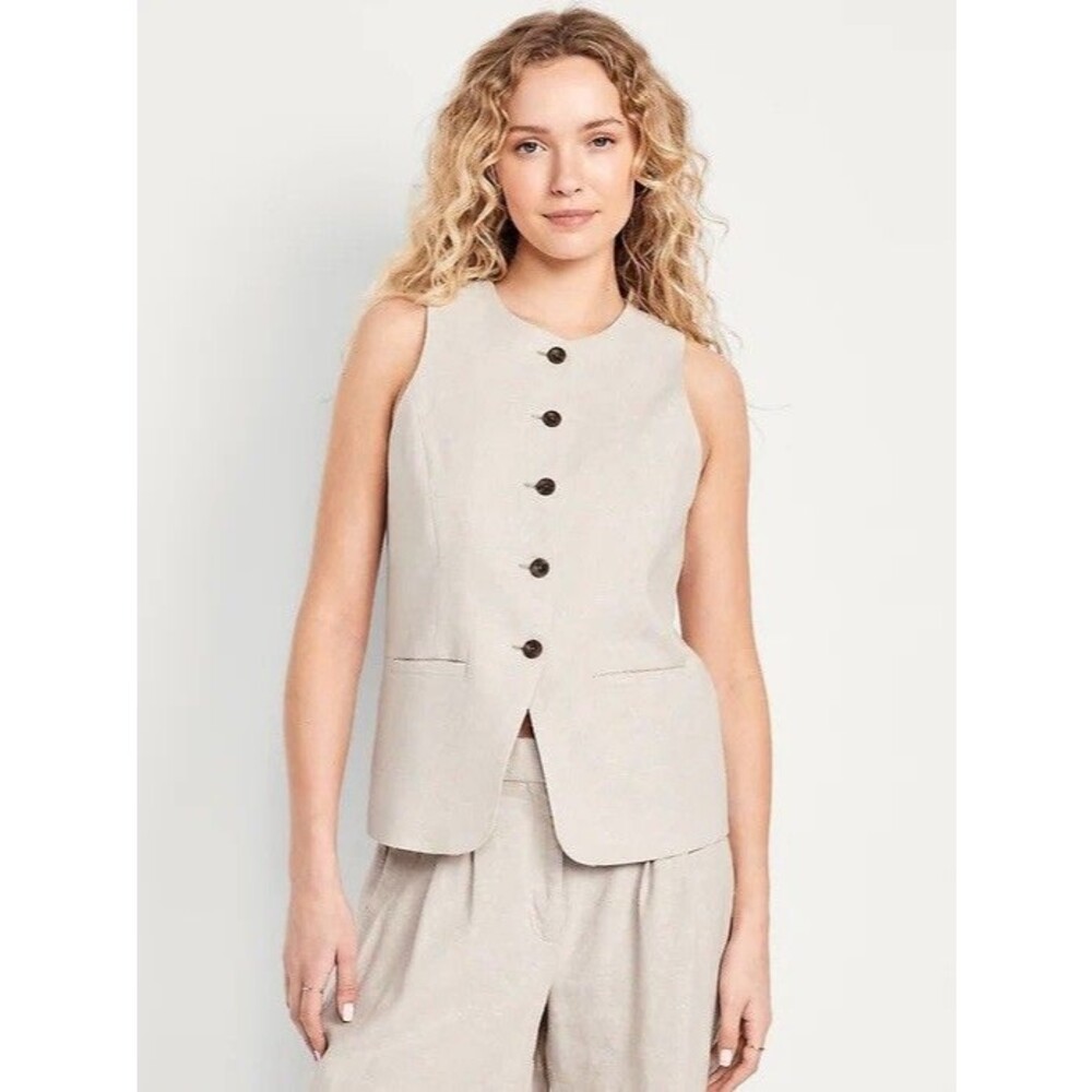 OLD NAVY Women Linen Blend Button Down Fitted Sleeveless Vest Small Oatmeal